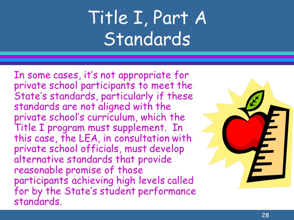 28 Title I, Part A Standards In some cases, its not appropriate for private school participants to meet the States standards, particularly if these standards are not aligned with the private schools curriculum, which the Title I program must supplement.