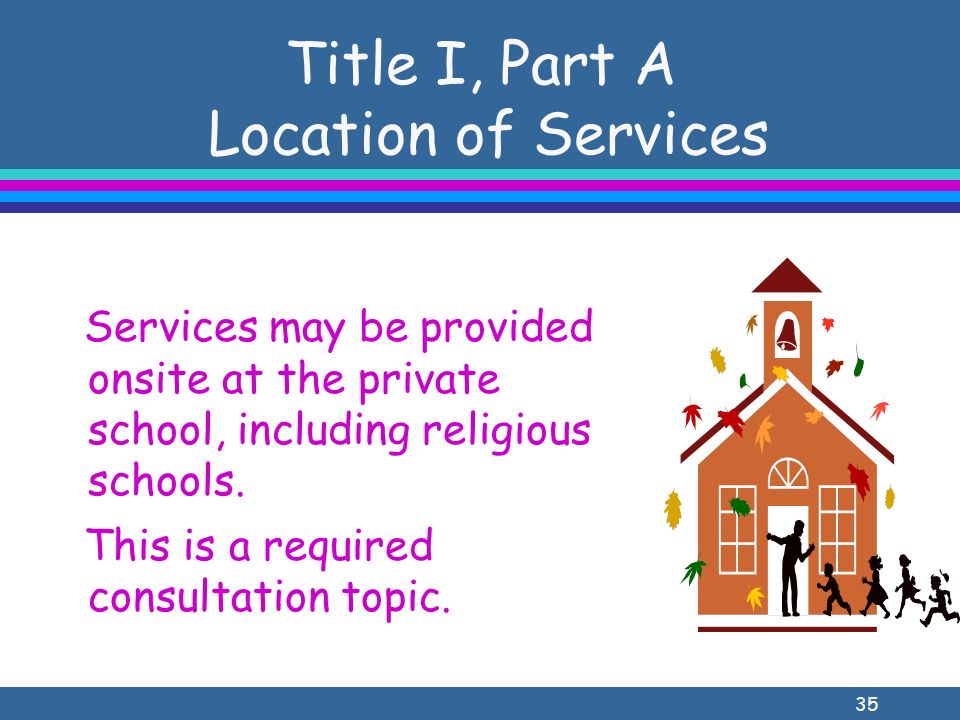 35 Title I, Part A Location of Services Services may be provided onsite at the private school, including religious schools.