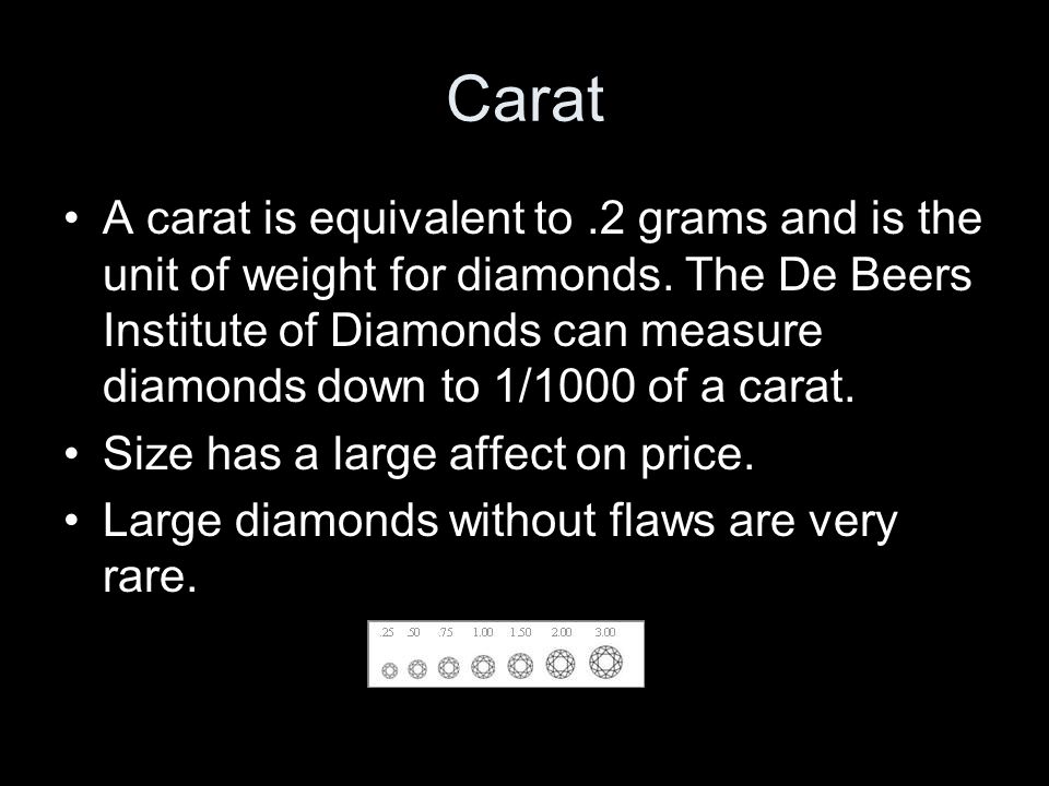 Carat A carat is equivalent to.2 grams and is the unit of weight for diamonds.