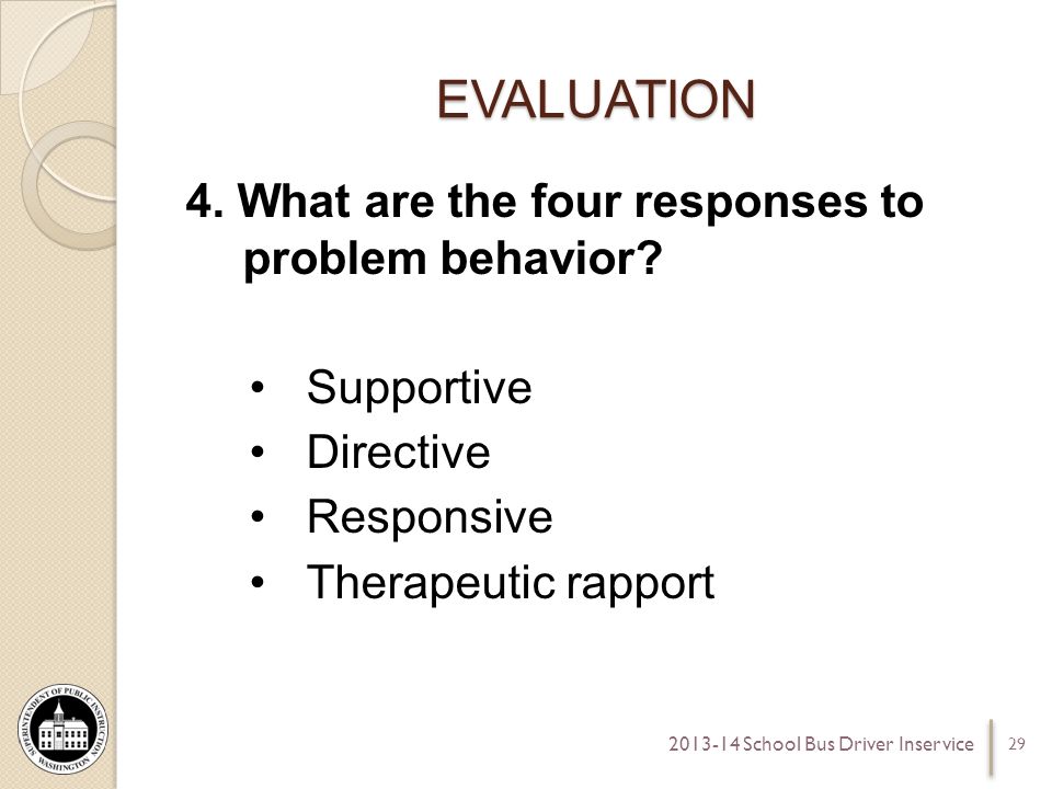 EVALUATION 4. What are the four responses to problem behavior.