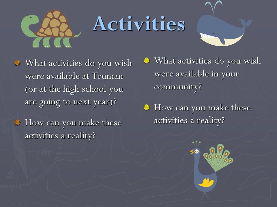 Activities What activities do you wish were available at Truman (or at the high school you are going to next year).