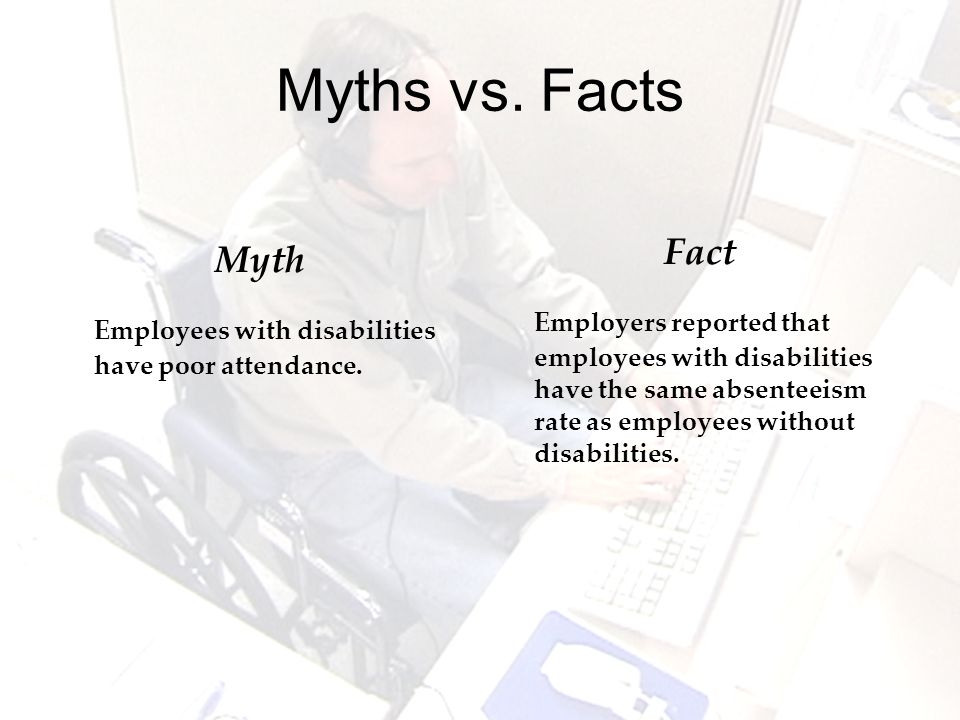 Myths vs. Facts Myth Employees with disabilities have poor attendance.