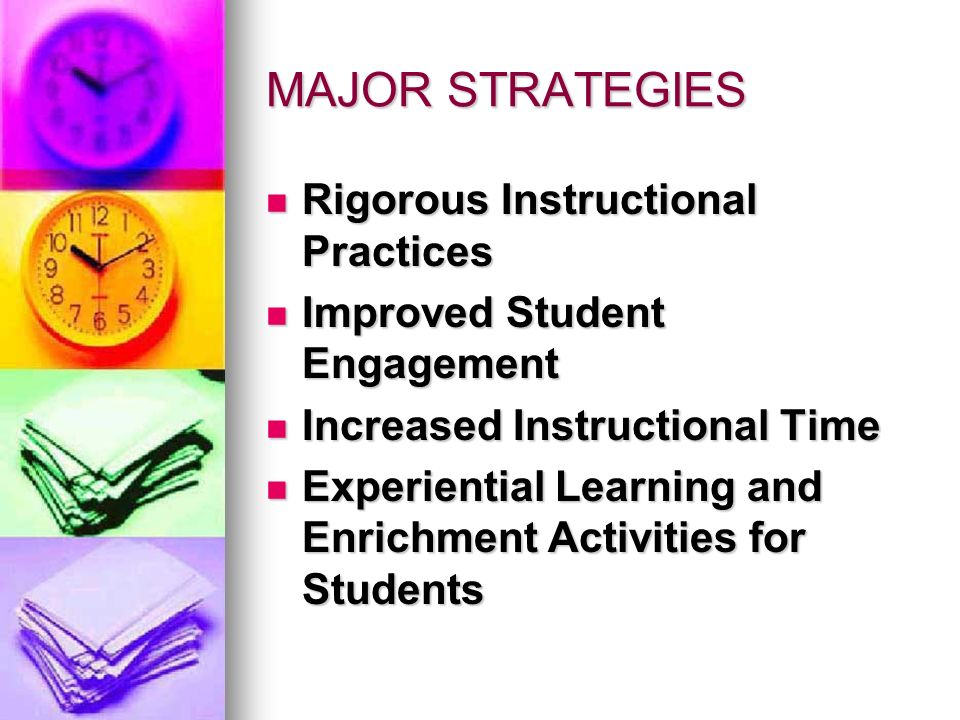 MAJOR STRATEGIES Rigorous Instructional Practices Rigorous Instructional Practices Improved Student Engagement Improved Student Engagement Increased Instructional Time Increased Instructional Time Experiential Learning and Enrichment Activities for Students Experiential Learning and Enrichment Activities for Students
