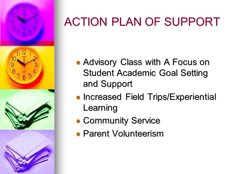 ACTION PLAN OF SUPPORT Advisory Class with A Focus on Student Academic Goal Setting and Support Advisory Class with A Focus on Student Academic Goal Setting and Support Increased Field Trips/Experiential Learning Increased Field Trips/Experiential Learning Community Service Community Service Parent Volunteerism Parent Volunteerism