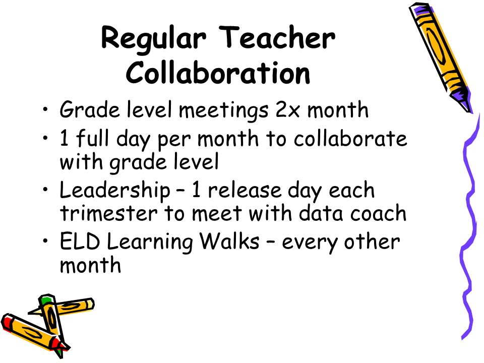 Regular Teacher Collaboration Grade level meetings 2x month 1 full day per month to collaborate with grade level Leadership – 1 release day each trimester to meet with data coach ELD Learning Walks – every other month