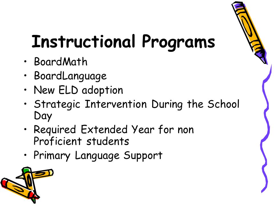 Instructional Programs BoardMath BoardLanguage New ELD adoption Strategic Intervention During the School Day Required Extended Year for non Proficient students Primary Language Support