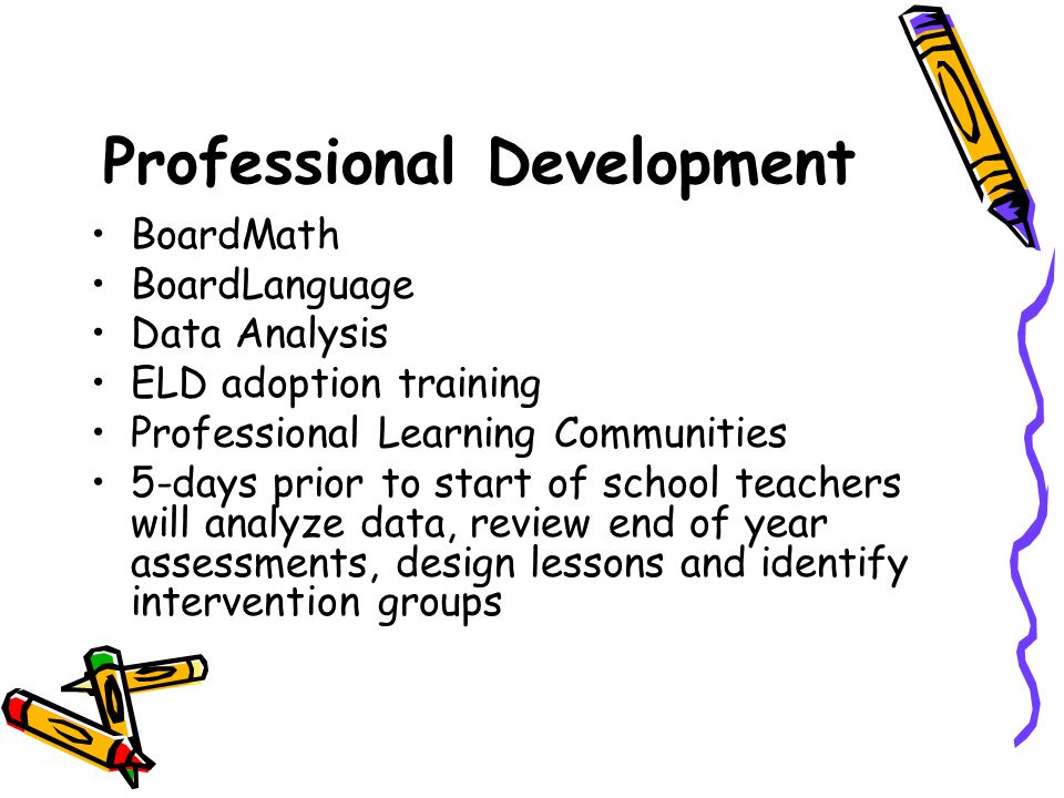 Professional Development BoardMath BoardLanguage Data Analysis ELD adoption training Professional Learning Communities 5-days prior to start of school teachers will analyze data, review end of year assessments, design lessons and identify intervention groups