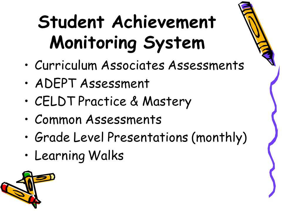 Student Achievement Monitoring System Curriculum Associates Assessments ADEPT Assessment CELDT Practice & Mastery Common Assessments Grade Level Presentations (monthly) Learning Walks