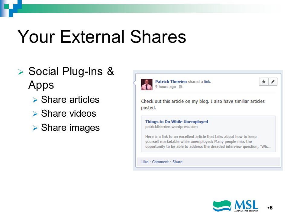 Your External Shares Social Plug-Ins & Apps Share articles Share videos Share images 6