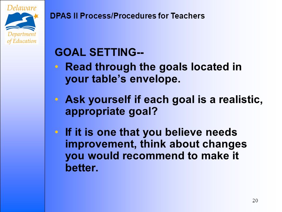 20 GOAL SETTING-- Read through the goals located in your tables envelope.