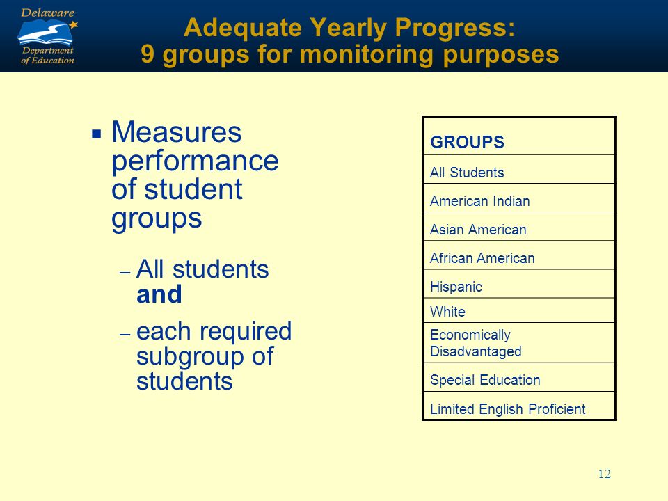 12 Adequate Yearly Progress: 9 groups for monitoring purposes Measures performance of student groups – All students and – each required subgroup of students GROUPS All Students American Indian Asian American African American Hispanic White Economically Disadvantaged Special Education Limited English Proficient