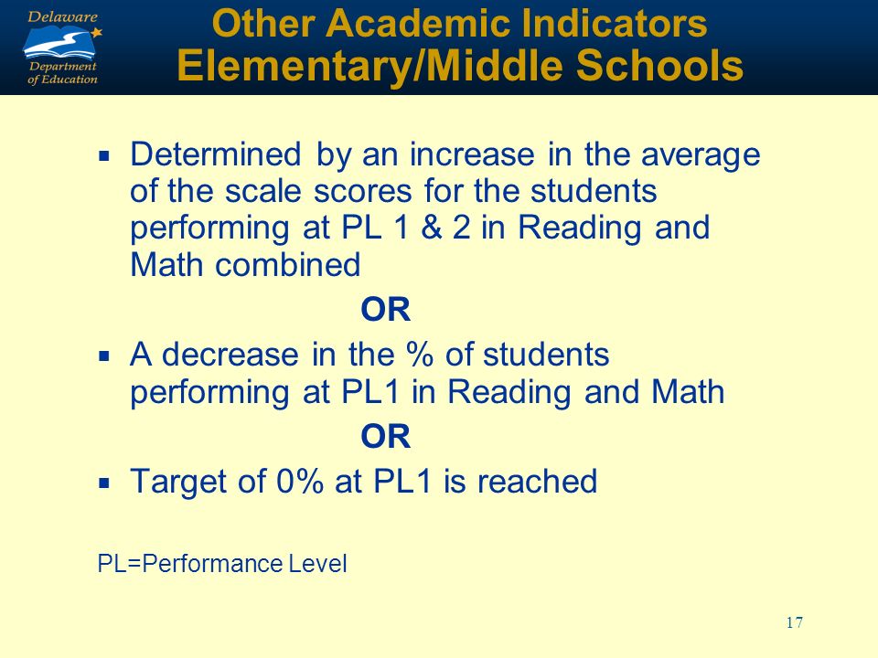 17 Other Academic Indicators Elementary/Middle Schools Determined by an increase in the average of the scale scores for the students performing at PL 1 & 2 in Reading and Math combined OR A decrease in the % of students performing at PL1 in Reading and Math OR Target of 0% at PL1 is reached PL=Performance Level