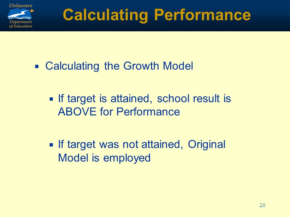 20 Calculating Performance Calculating the Growth Model If target is attained, school result is ABOVE for Performance If target was not attained, Original Model is employed