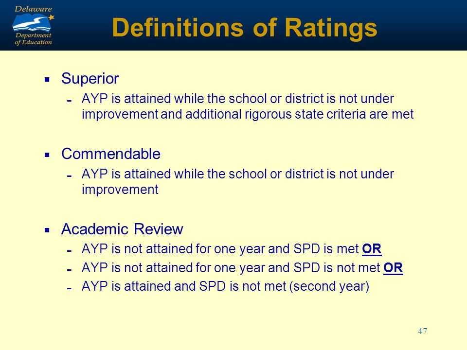47 Definitions of Ratings Superior - AYP is attained while the school or district is not under improvement and additional rigorous state criteria are met Commendable - AYP is attained while the school or district is not under improvement Academic Review - AYP is not attained for one year and SPD is met OR - AYP is not attained for one year and SPD is not met OR - AYP is attained and SPD is not met (second year)