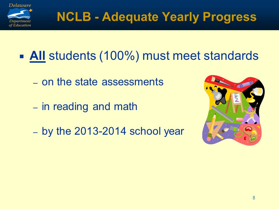 8 NCLB - Adequate Yearly Progress All students (100%) must meet standards – on the state assessments – in reading and math – by the school year