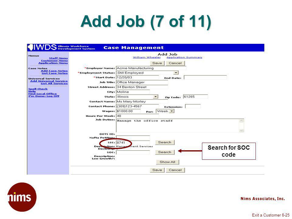 Exit a Customer 8-25 Add Job (7 of 11) Search for SOC code