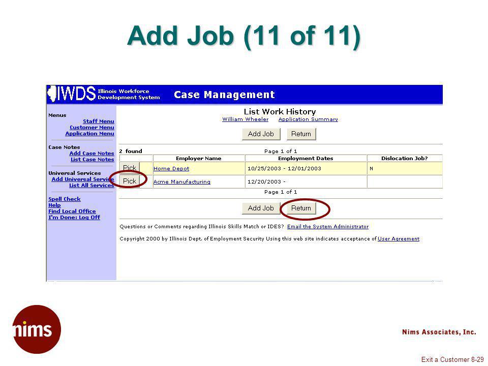 Exit a Customer 8-29 Add Job (11 of 11)