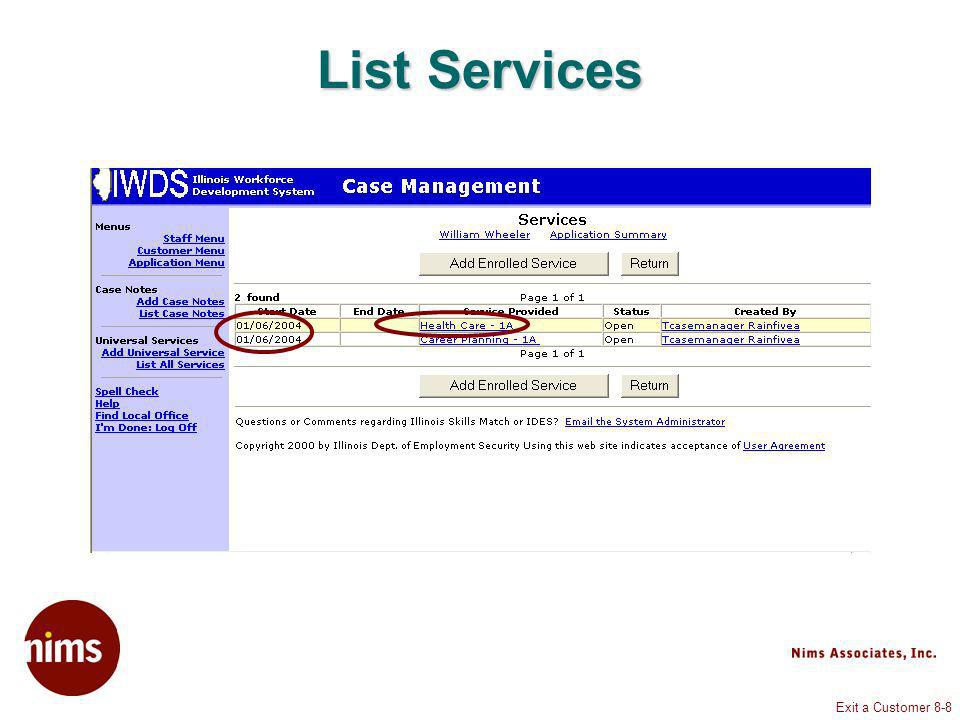 Exit a Customer 8-8 List Services