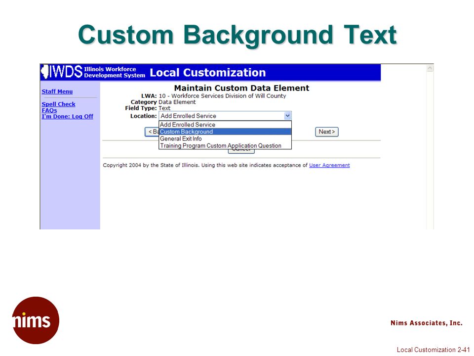 Local Customization 2-41 Custom Background Text