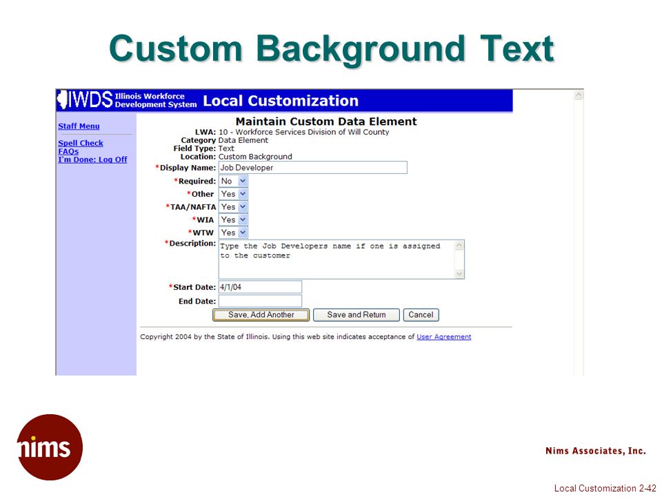 Local Customization 2-42 Custom Background Text