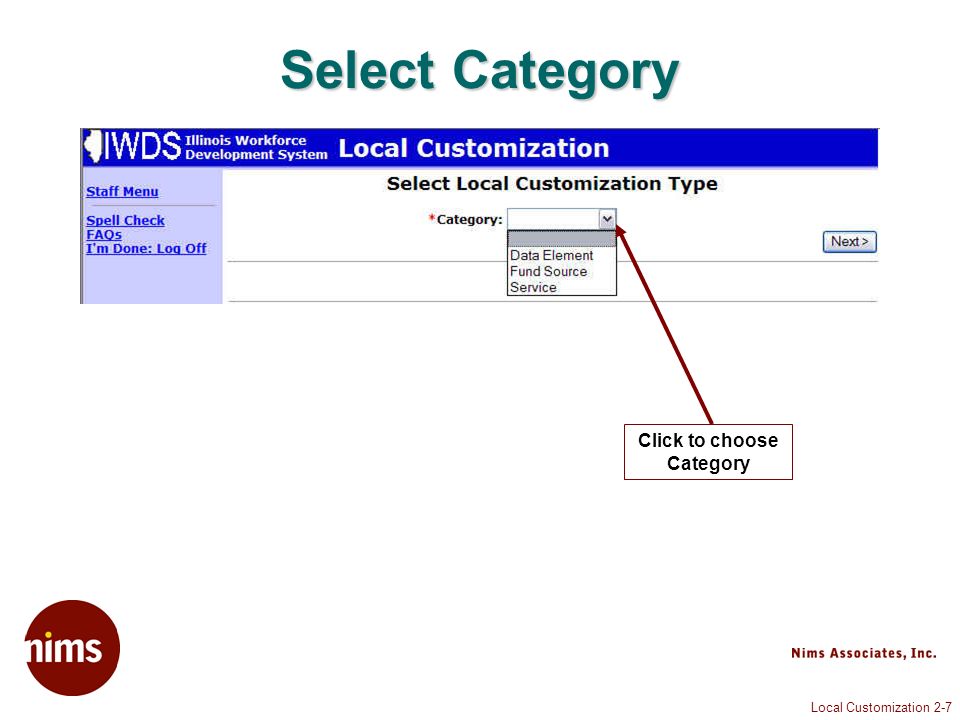 Local Customization 2-7 Select Category Click to choose Category