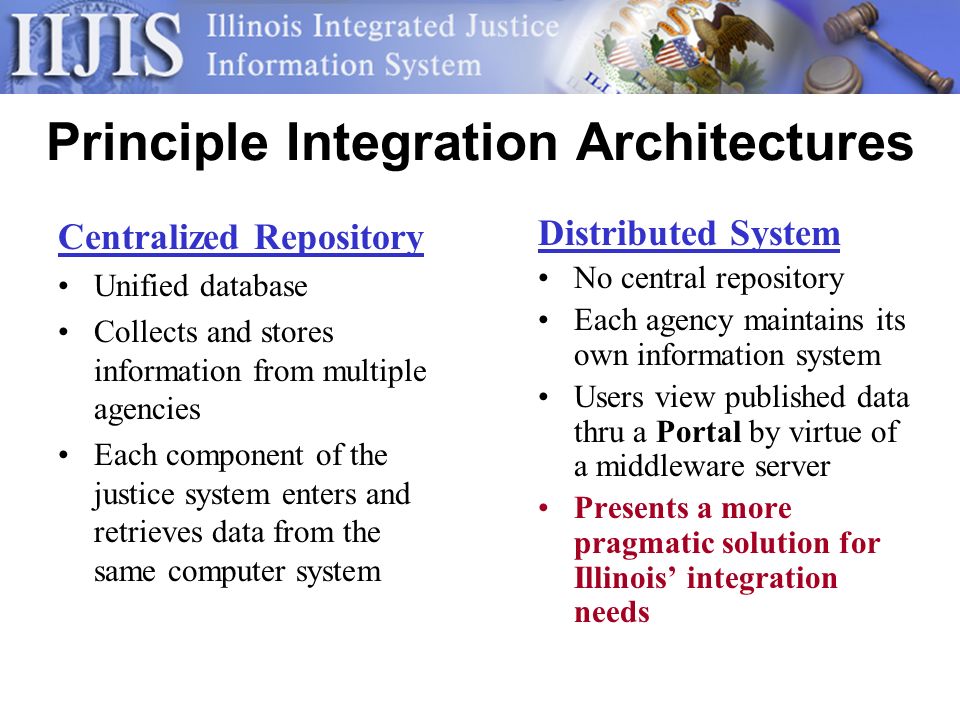 Principle Integration Architectures Centralized Repository Unified database Collects and stores information from multiple agencies Each component of the justice system enters and retrieves data from the same computer system Distributed System No central repository Each agency maintains its own information system Users view published data thru a Portal by virtue of a middleware server Presents a more pragmatic solution for Illinois integration needs