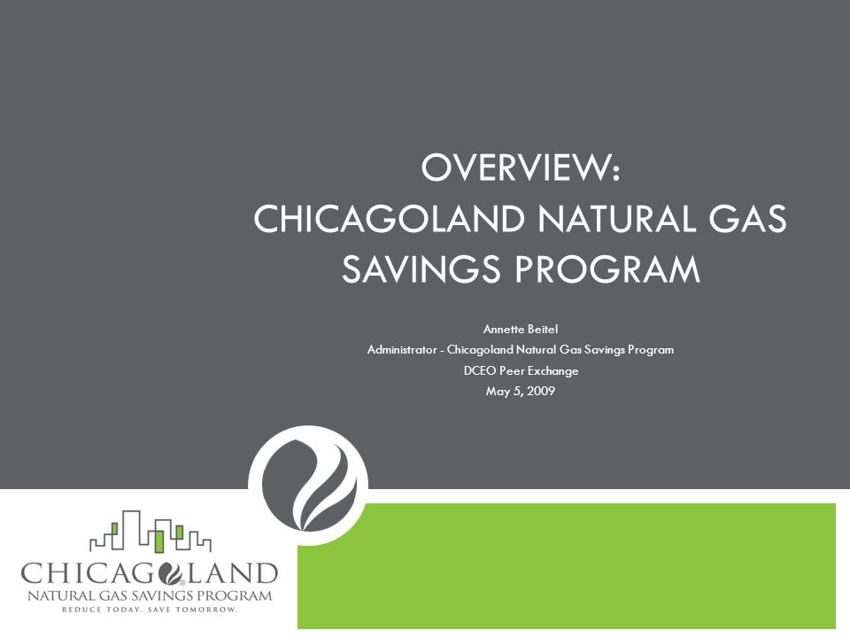 OVERVIEW: CHICAGOLAND NATURAL GAS SAVINGS PROGRAM Annette Beitel Administrator - Chicagoland Natural Gas Savings Program DCEO Peer Exchange May 5, 2009
