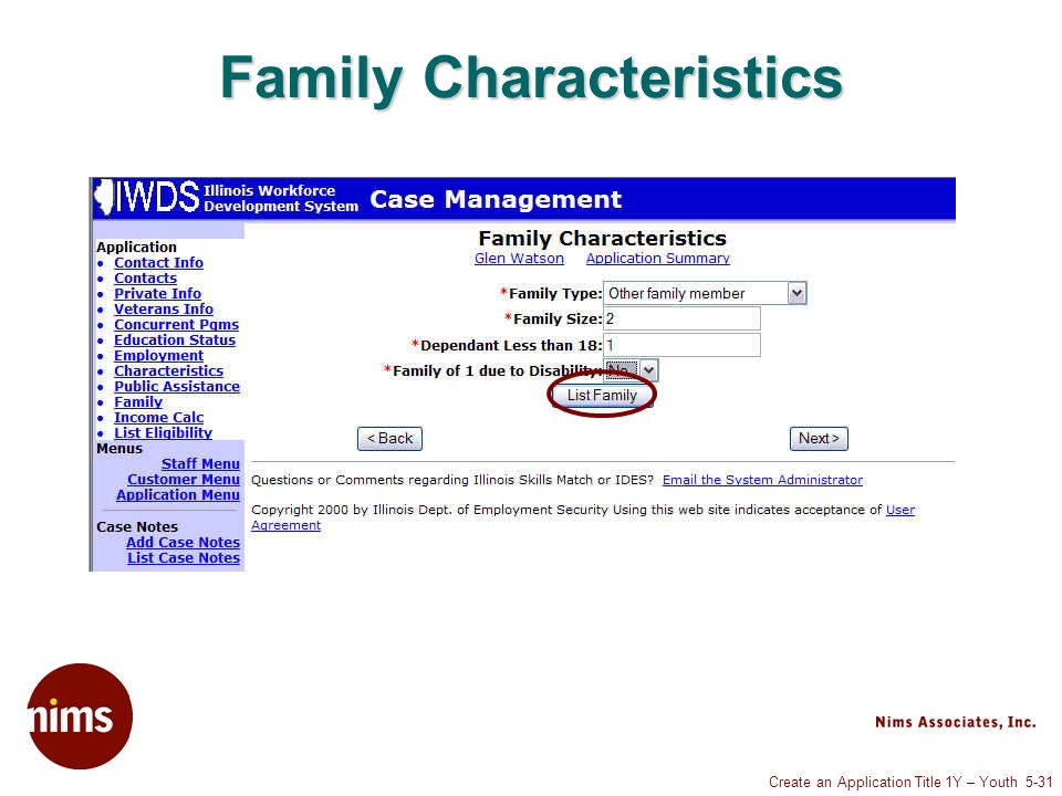 Create an Application Title 1Y – Youth 5-31 Family Characteristics