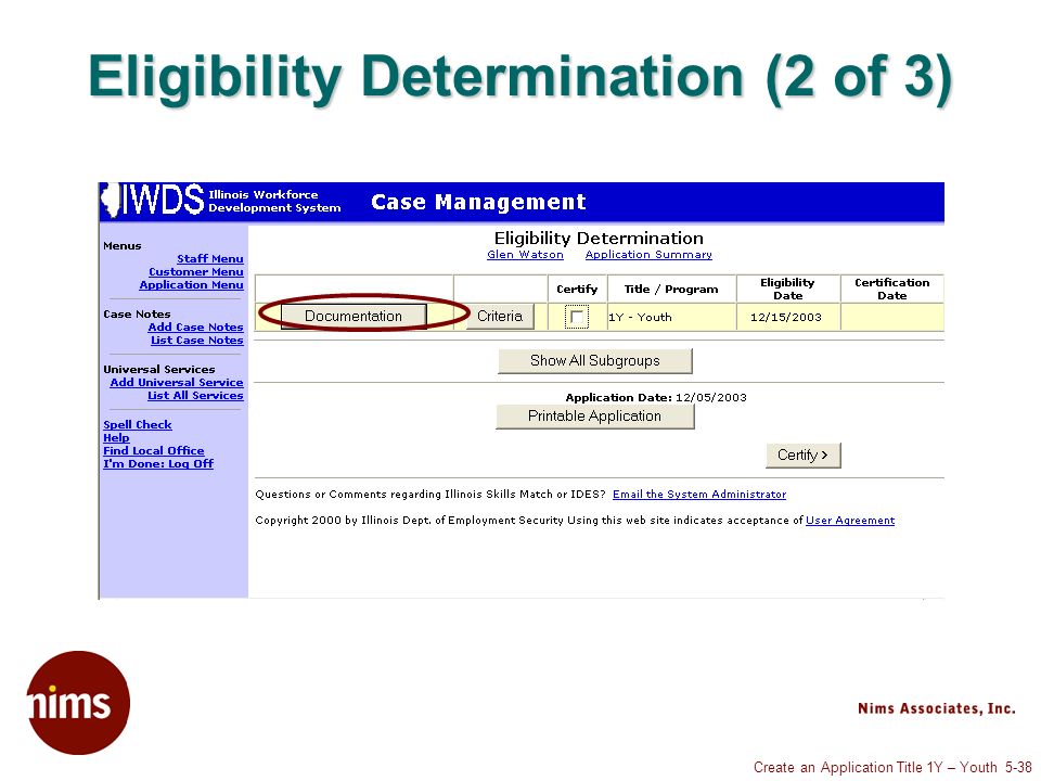 Create an Application Title 1Y – Youth 5-38 Eligibility Determination (2 of 3)