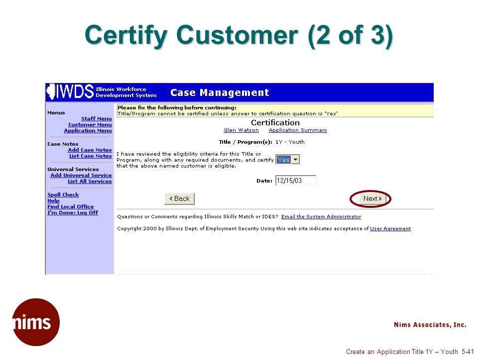 Create an Application Title 1Y – Youth 5-41 Certify Customer (2 of 3)