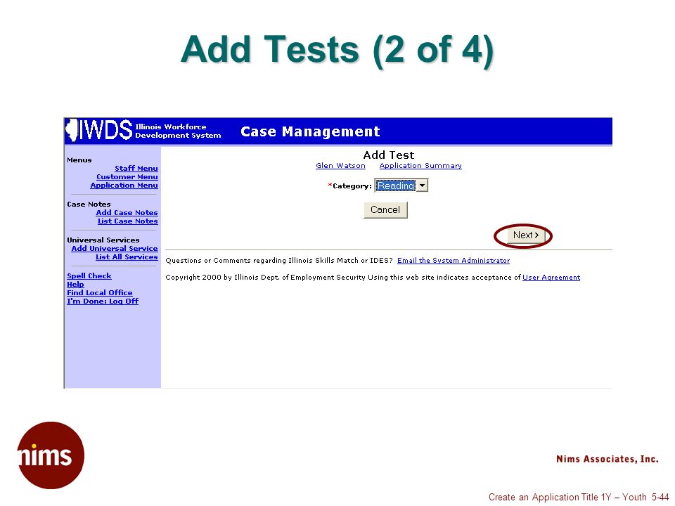 Create an Application Title 1Y – Youth 5-44 Add Tests (2 of 4)
