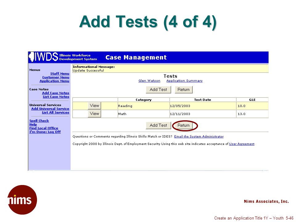 Create an Application Title 1Y – Youth 5-46 Add Tests (4 of 4)