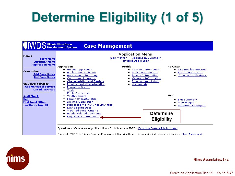 Create an Application Title 1Y – Youth 5-47 Determine Eligibility (1 of 5) Determine Eligibility