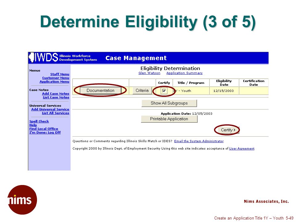 Create an Application Title 1Y – Youth 5-49 Determine Eligibility (3 of 5)