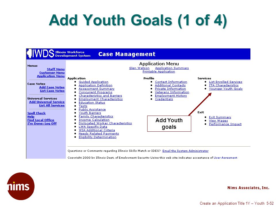 Create an Application Title 1Y – Youth 5-52 Add Youth Goals (1 of 4) Add Youth goals