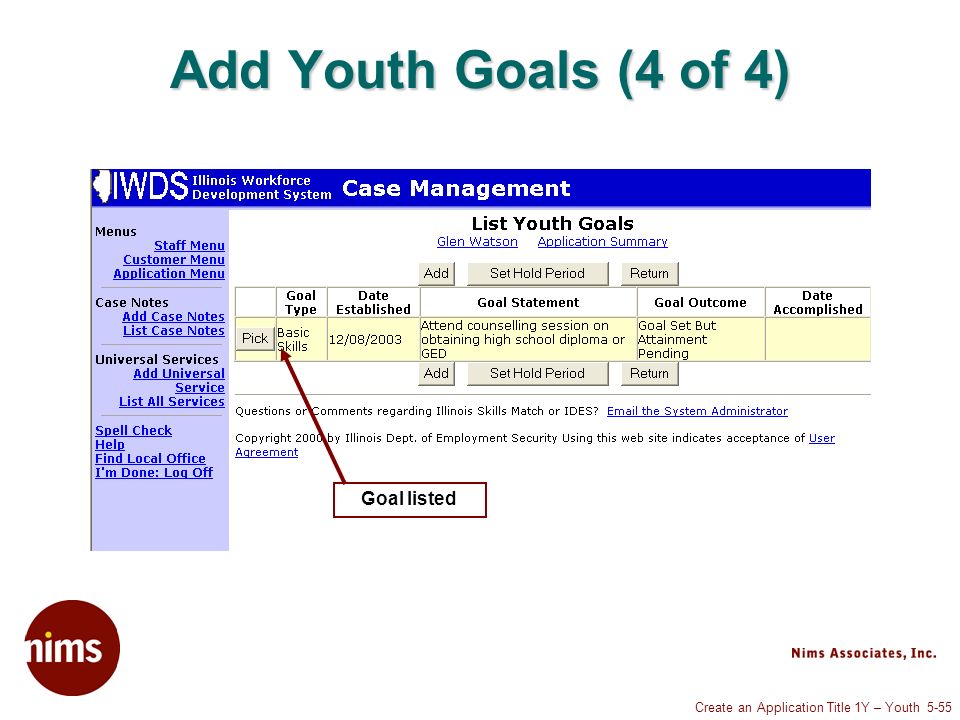Create an Application Title 1Y – Youth 5-55 Add Youth Goals (4 of 4) Goal listed