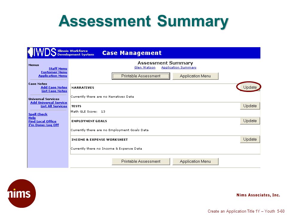 Create an Application Title 1Y – Youth 5-60 Assessment Summary