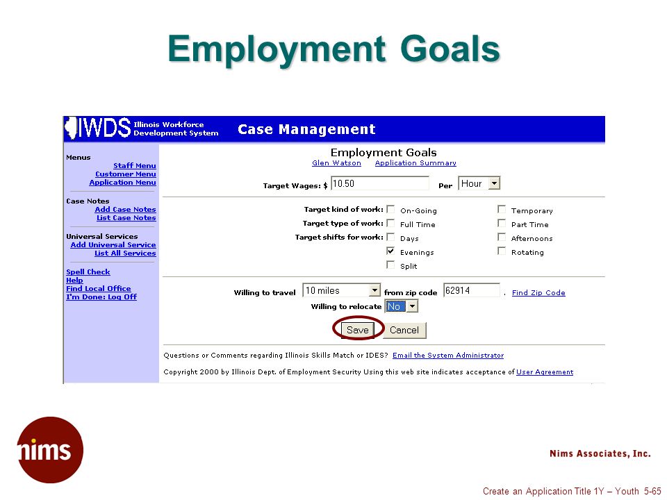 Create an Application Title 1Y – Youth 5-65 Employment Goals