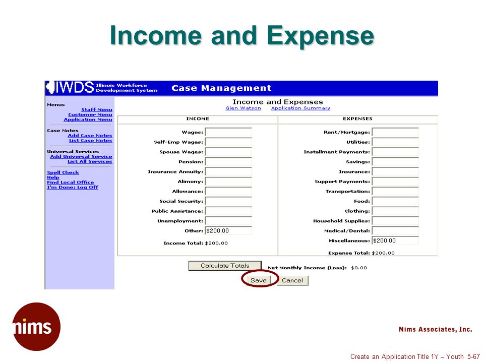 Create an Application Title 1Y – Youth 5-67 Income and Expense