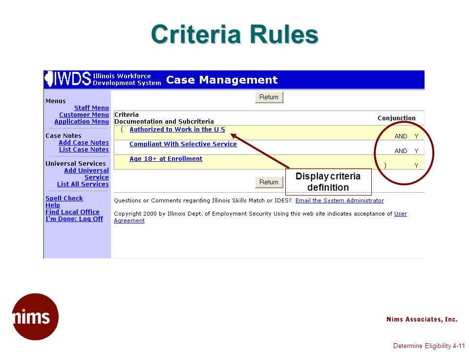 Determine Eligibility 4-11 Criteria Rules Display criteria definition