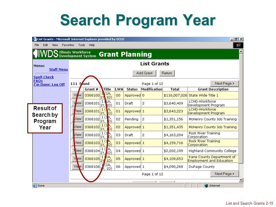 List and Search Grants 2-15 Search Program Year Result of Search by Program Year
