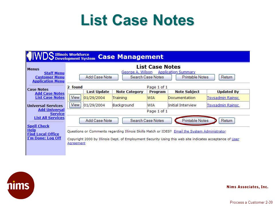 Process a Customer 2-39 List Case Notes