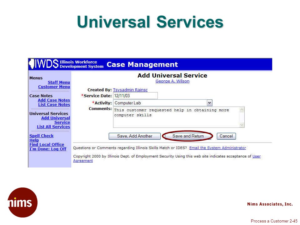 Process a Customer 2-45 Universal Services