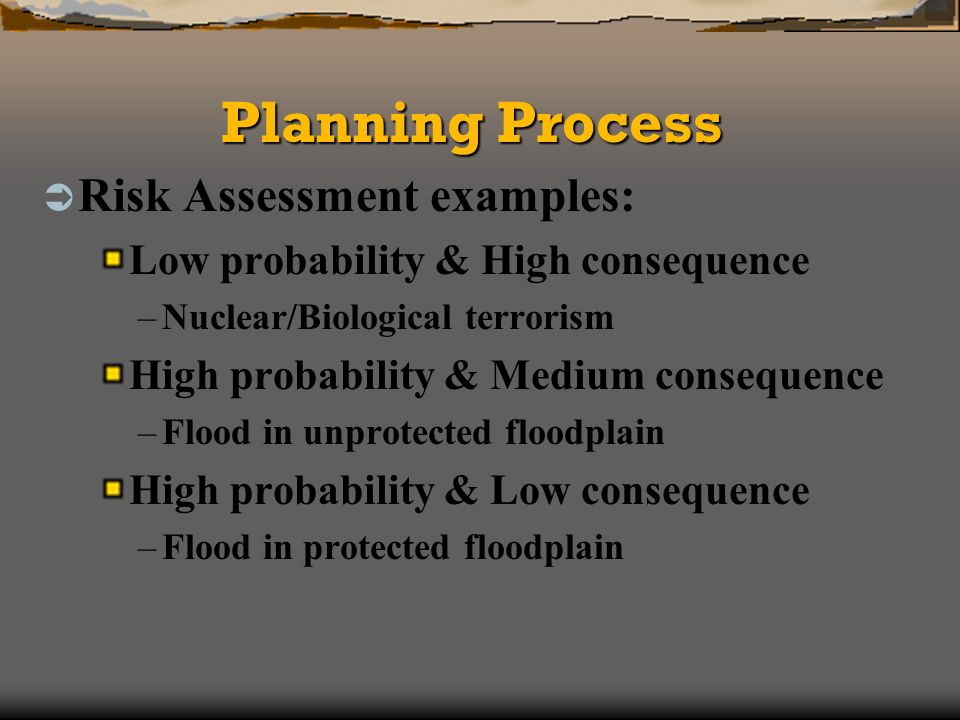 Planning Process Risk Assessment examples: Low probability & High consequence –Nuclear/Biological terrorism High probability & Medium consequence –Flood in unprotected floodplain High probability & Low consequence –Flood in protected floodplain