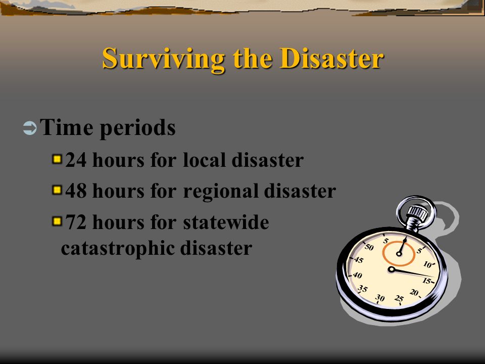 Surviving the Disaster Time periods 24 hours for local disaster 48 hours for regional disaster 72 hours for statewide catastrophic disaster