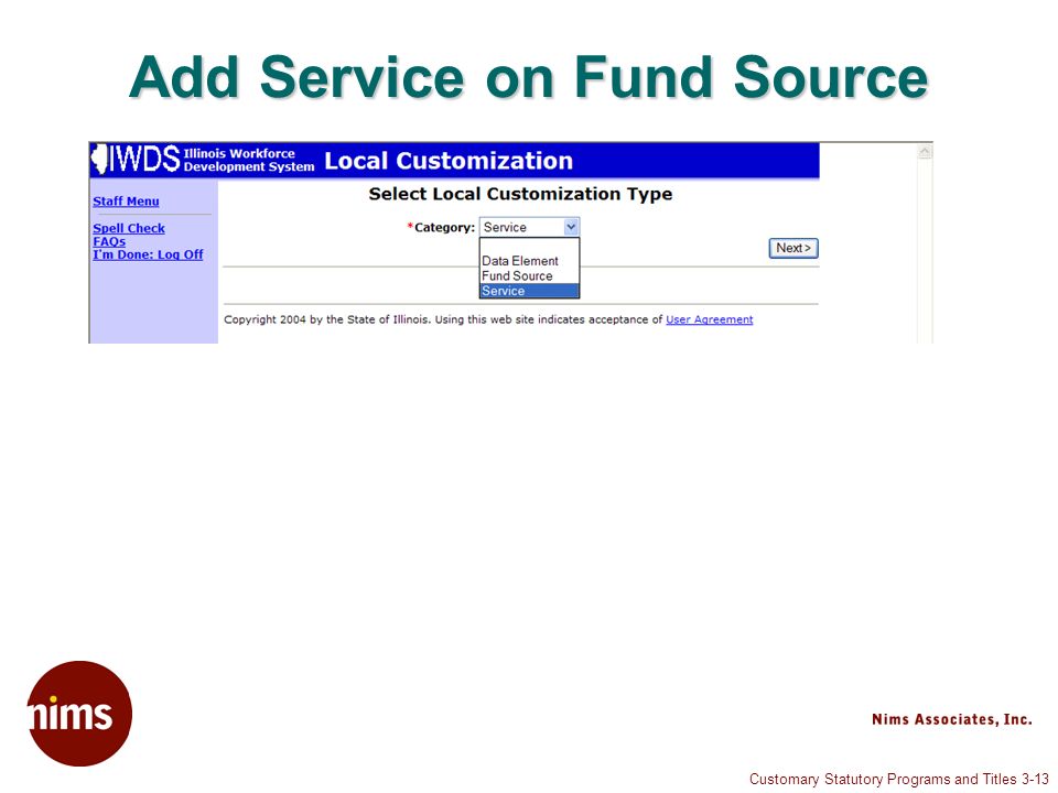 Customary Statutory Programs and Titles 3-13 Add Service on Fund Source
