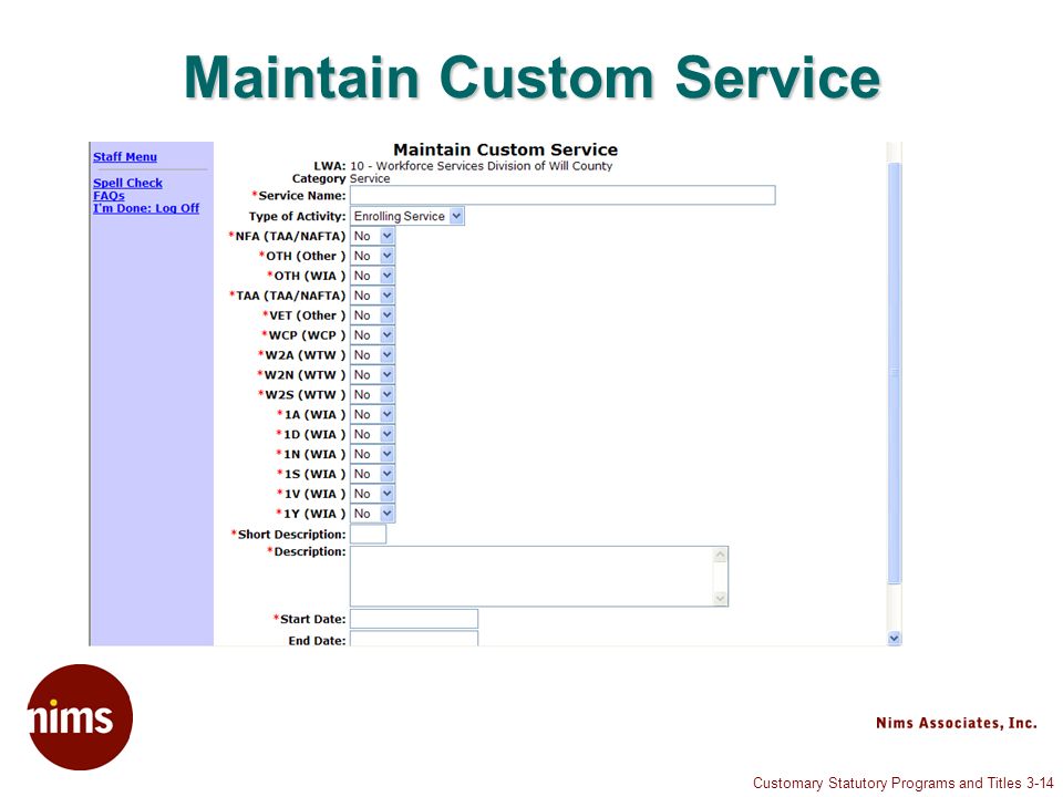 Customary Statutory Programs and Titles 3-14 Maintain Custom Service