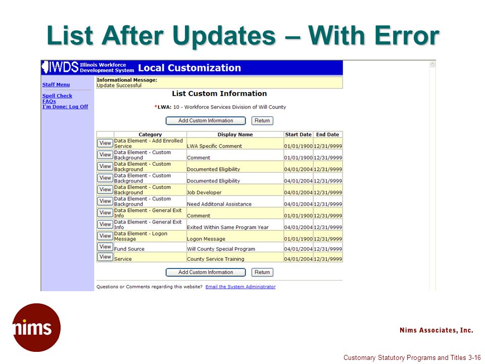 Customary Statutory Programs and Titles 3-16 List After Updates – With Error