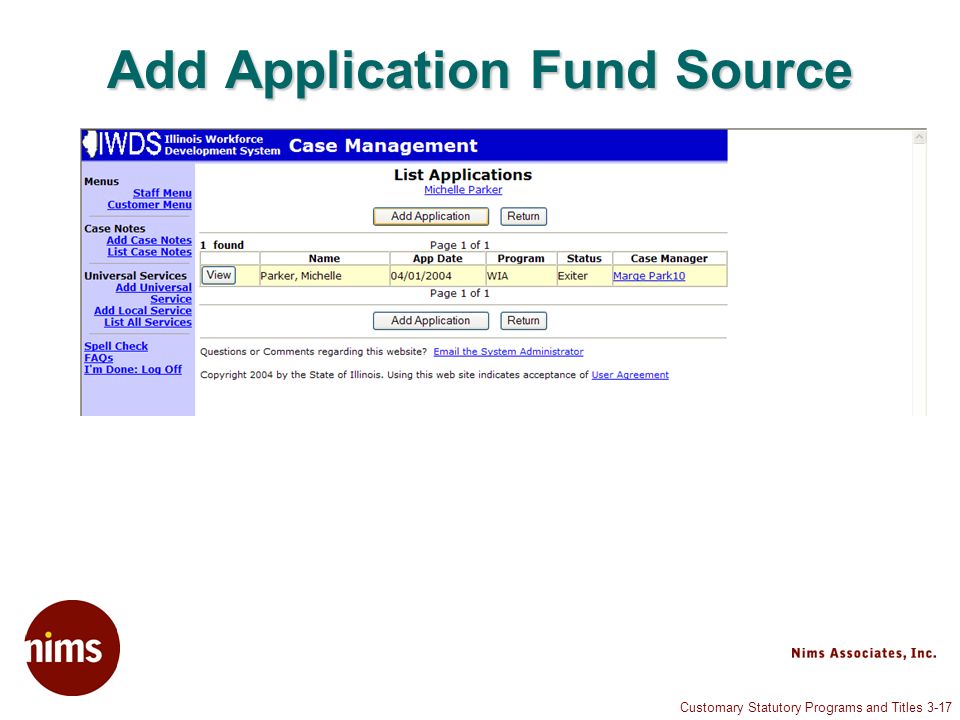 Customary Statutory Programs and Titles 3-17 Add Application Fund Source