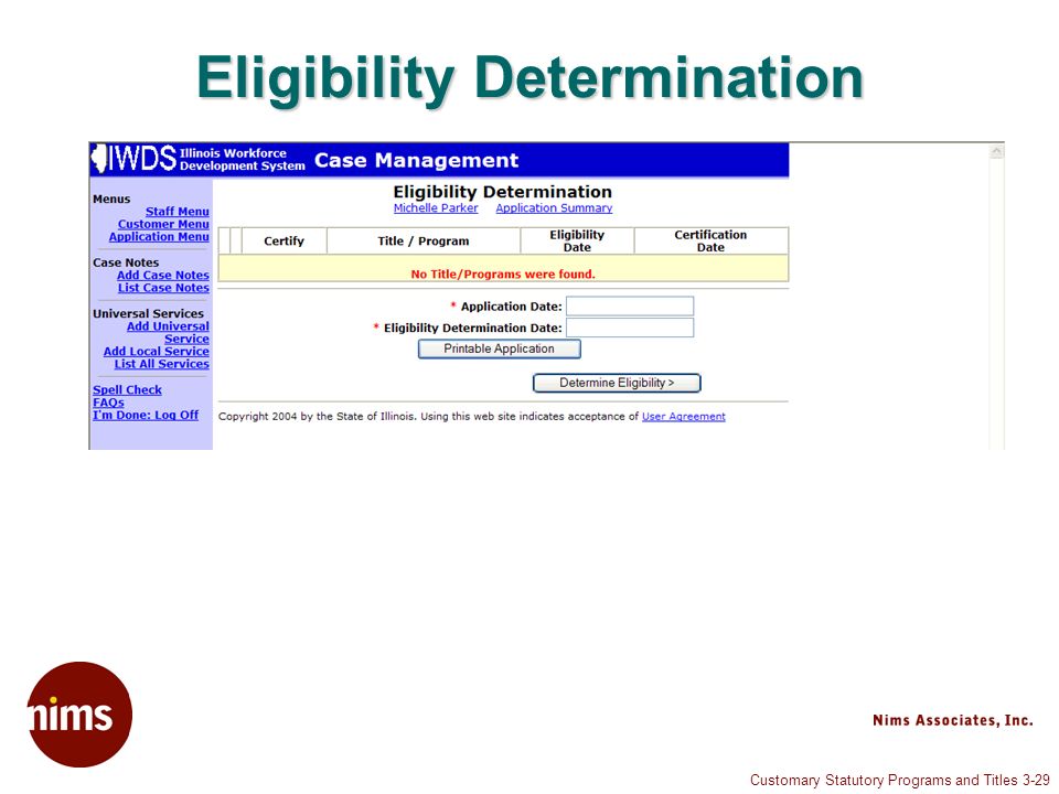 Customary Statutory Programs and Titles 3-29 Eligibility Determination